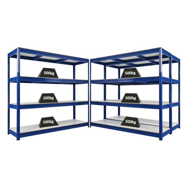 Zwei blaue Schwerlastregale mit je drei Böden und Gewichtsangabe 500 Kilogramm.