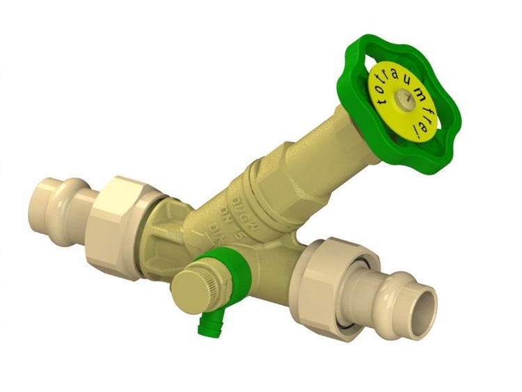 Schrägsitzventil DN 15 mit Pressanschlüssen beidseitig, Entleerungsventil und grünem Handrad, totraumfrei.