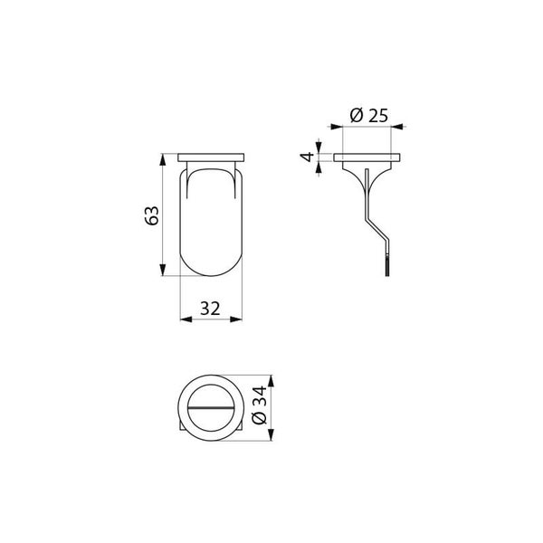 Technische Zeichnung mit Maßen in Millimeter: Höhe 63, Breite 32, Durchmesser oben 25, Plattendicke 4 und Durchmesser unten 34.