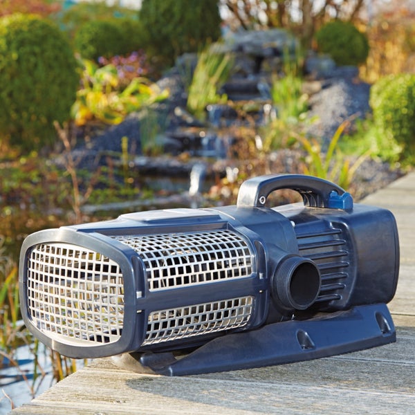 Teichpumpe aus dunklem Kunststoff mit Filtergehäuse auf einem Holzsteg an einem Gartenteich mit Wasserlauf.