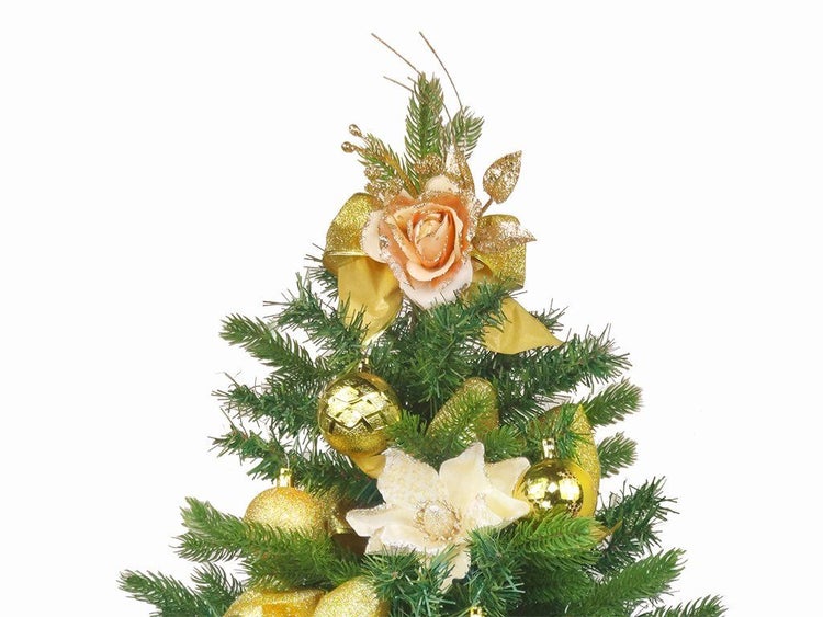 Weihnachtsbaumspitze mit Rose und Schleife, dekoriert mit Kugeln und Blüten als festlicher Weihnachtsschmuck