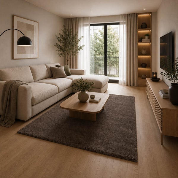 Helles, organisiertes Wohnzimmer mit beigem Ecksofa, Couchtisch aus Holz auf braunem Teppich, TV-Unterschrank und beleuchtetem Standregal.