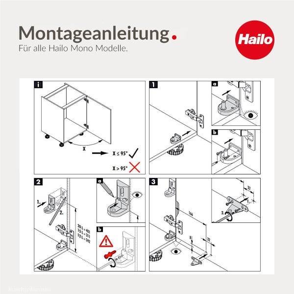 Montageanleitung für Hailo Mono Abfallsammler mit Skizzen zum Türöffnungswinkel von maximal 95 Grad und Installationsschritten, Hailo Logo.