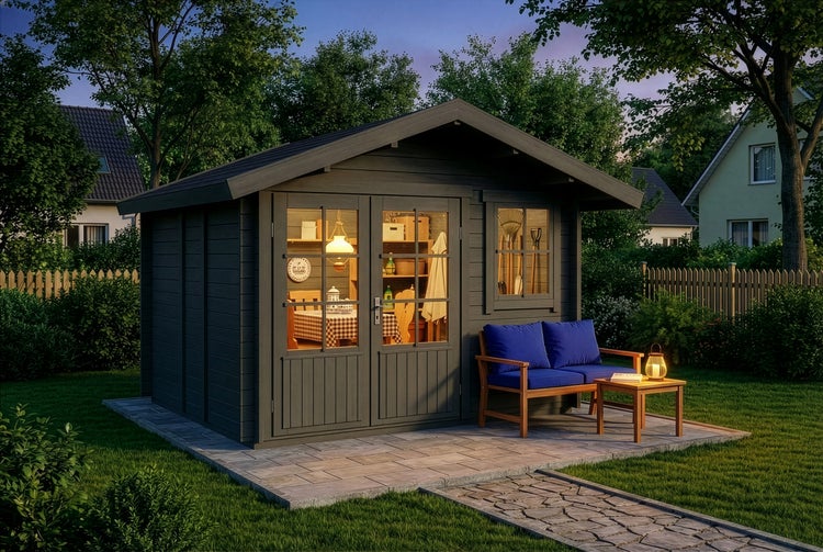 Gartenhaus aus Holz in Anthrazit mit Satteldach und Glastüren auf einer Terrasse im beleuchteten Garten bei Dämmerung.