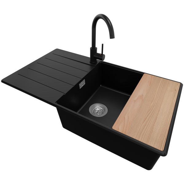 PRIMAGRAN Granitspüle Schwarz 90x50cm, Spülbecken 1 Becken + Küchenarmatur 32x20cm + Ablauf-Set + Schneidebrett, Küchenspüle ab 60er Unterschrank - Kopenhagen