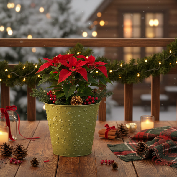 Weihnachtsstern in einem dekorativen Blumentopf mit Sternenmuster auf einem Holztisch mit weihnachtlicher Dekoration und Lichterkette.