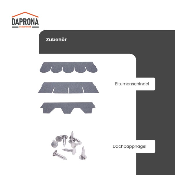 Zubehör für Dacheindeckung von Daprona mit Bitumenschindeln in verschiedenen Formen und Dachpappnägeln.