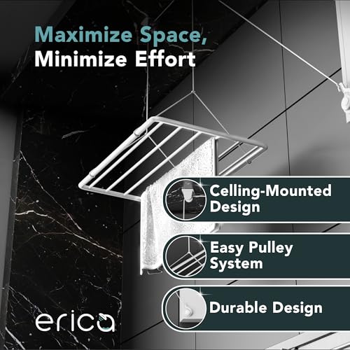 Erica Eric Wäscheständer Decke 120x50cm, Hängender Wäschetrockner mit 9,6 Metern Trocknungsoberfläche, Vertikal Zusammenklappbar 2.5 Meter, Metall mit PVC-freier Kunststoffbeschichtung, Weiß