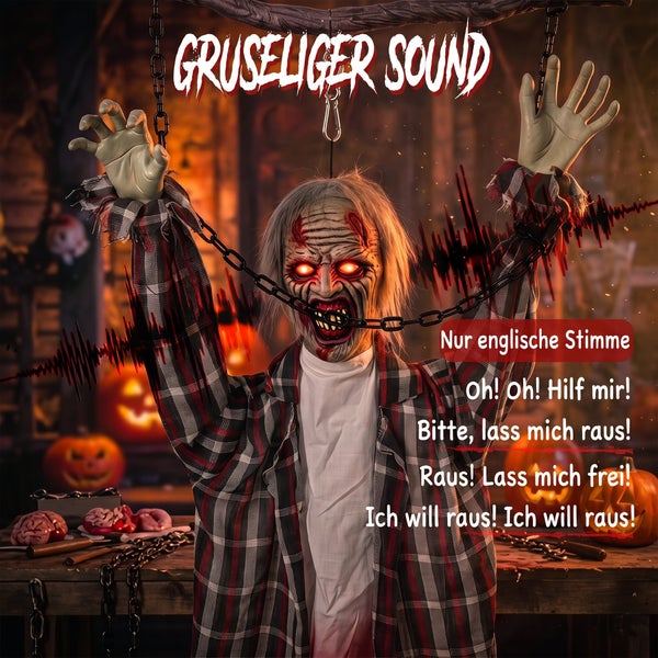 Animierte Halloween Horrorfigur als gefesselter Zombie mit Soundeffekten und leuchtenden Augen zur Dekoration.