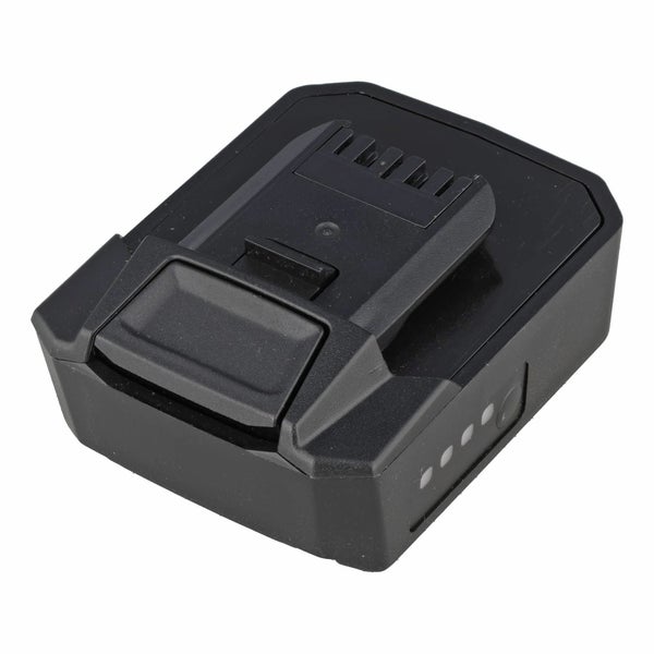 Akkumulator für Elektrowerkzeuge mit Verriegelungstaste und Ladezustandsanzeige.