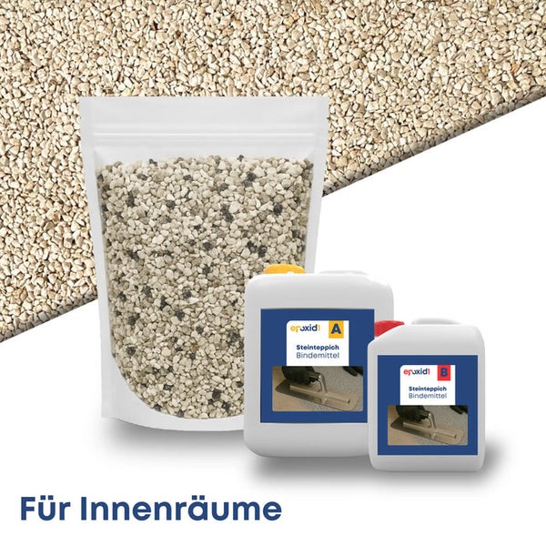 Steinteppich-Set für Innenräume mit Beutel Kieselsteinen und zwei Kanistern Epoxidharz-Bindemittel.