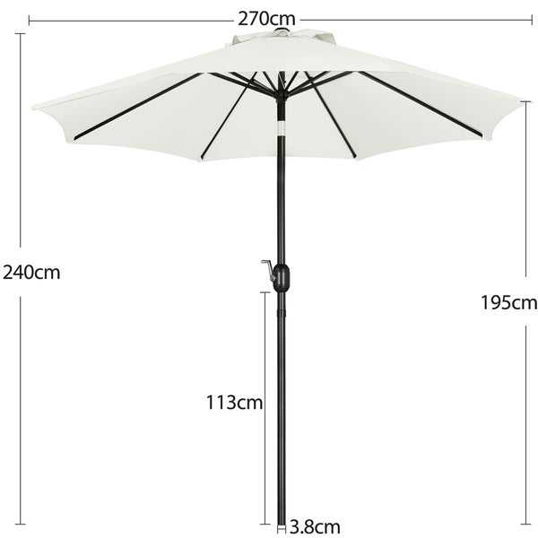 Abbildung eines Sonnenschirms mit den Maßen 270 Zentimeter Breite, 240 Zentimeter Höhe, 195 Zentimeter Schirmhöhe, 113 Zentimeter Stangenhöhe und 3,8 Zentimeter Stangendurchmesser.