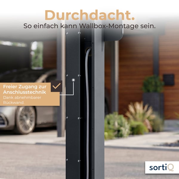 Wallbox-Säule aus Metall mit abnehmbarer Rückwand für einfachen Zugang zur Anschlusstechnik. Sortiq Logo.