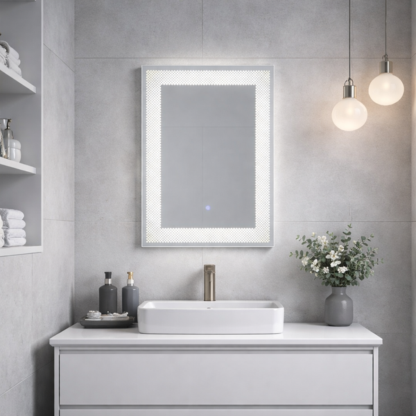 Helles, organisiertes Badezimmer mit modernem LED-Spiegel, weißem Keramikwaschbecken auf einem Unterschrank, grauer Steinwand und Pendelleuchten.