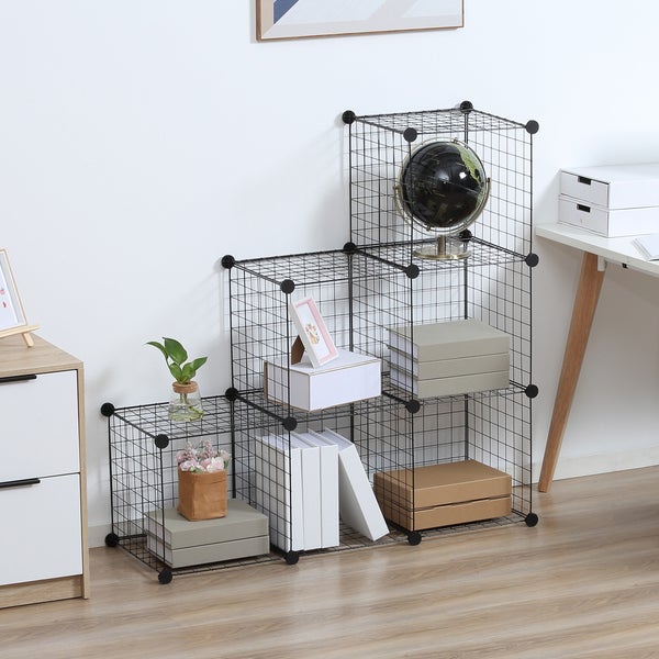 HOMCOM Steckregal, Regalsystem mit 6 Fächern, DIY Würfelregal aus Drahtgitter, Stufenregal für Wohnzimmer, Schlafzimmer, Schwarz, 109 x 37 x 109 cm