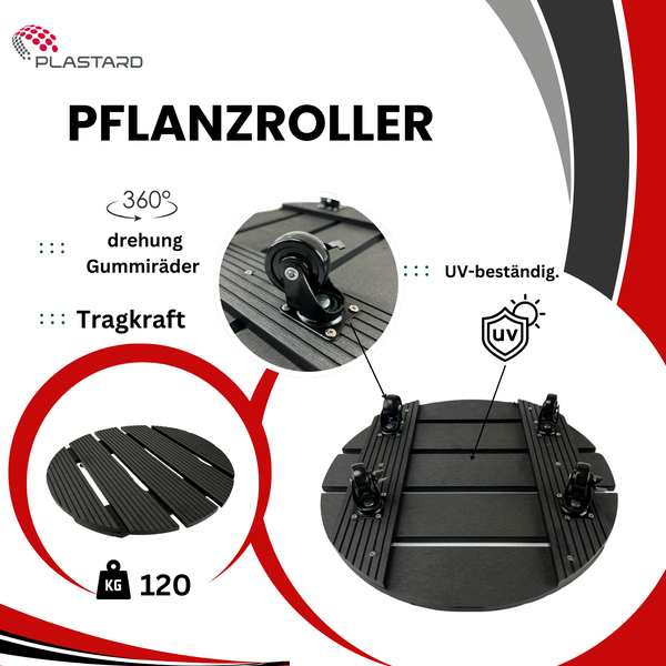 Plastard Pflanzenroller WPC Ø 30 cm – 120 kg Tragkraft, 360° Rollen mit Bremsen, wetterfest, robuster Blumentopfschlitten für Balkon, Terrasse, Garten