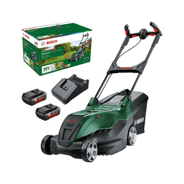 Bosch Akku-Rasenmäher AdvancedRotak 36 Volt Set mit zwei Akkus, Ladegerät und Karton.
