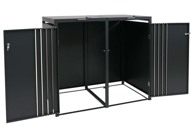 Mülltonnenbox für zwei Tonnen mit geöffneten Türen