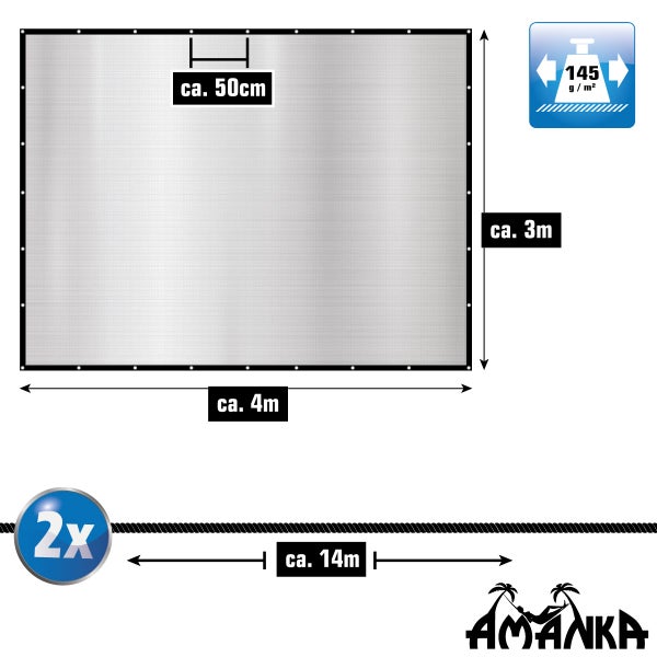 AMANKA Sichtschutz circa 3 mal 4 Meter, 145 Gramm pro Quadratmeter, Ösenabstand circa 50 Zentimeter inklusive zwei circa 14 Meter Seile.