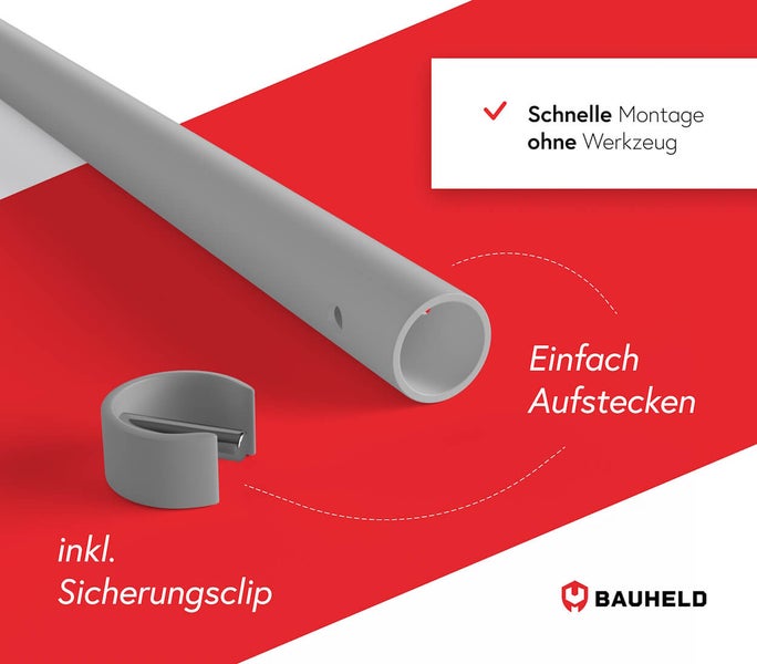 Rohr mit Sicherheitsclip und dem Hinweis auf einfache Montage ohne Werkzeug