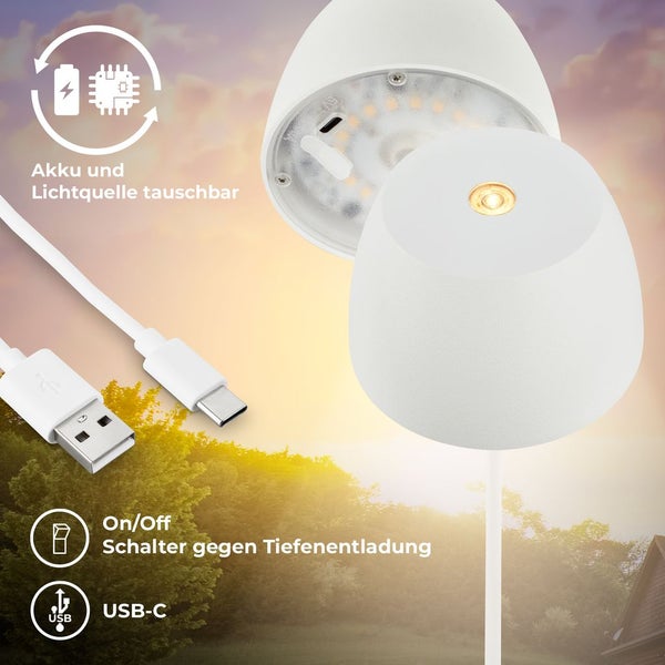 Tischlampe - 2,5W, 150lm, akku, led, dimmbar, warmweiß, weiß