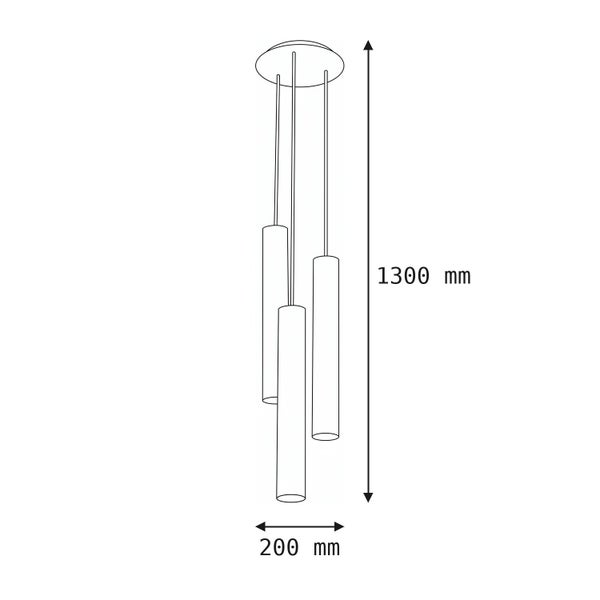 Strichzeichnung einer Pendelleuchte mit drei zylindrischen Leuchtkörpern, Gesamthöhe 1300 Millimeter, Durchmesser 200 Millimeter.