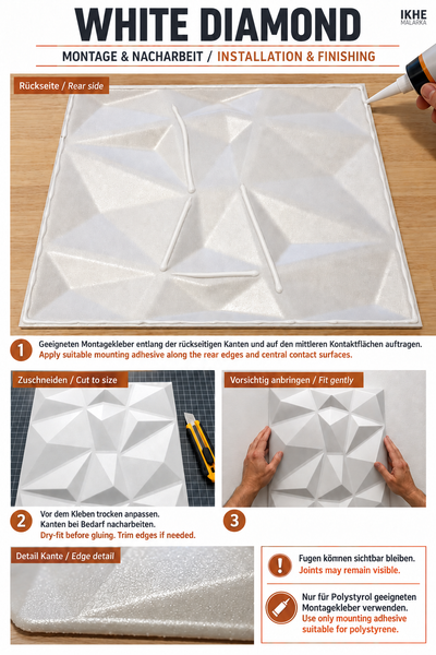 Anleitung zur Montage und Bearbeitung von White Diamond Wandpaneelen inklusive Tipps zum Kleben, Zuschneiden und Anbringen der Polystyrolplatten.
