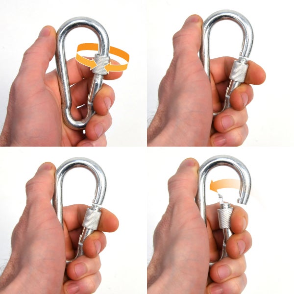 Bedienung eines Karabinerhakens mit Schraubsicherung: Aufdrehen der Hülse und Öffnen des Schnappers.