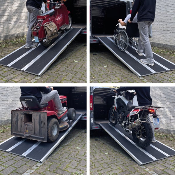 Mehrfachansicht einer Auffahrrampe im Einsatz mit einem Moped, einem Rollstuhl, einem Rasenmäher und einem Motorrad.