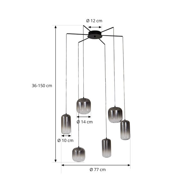 Sechsflammige Rauchglas-Pendelleuchte: Gesamthöhe 36 bis 150 Zentimeter, Breite 77 Zentimeter, Schirmdurchmesser 10 und 14 Zentimeter.