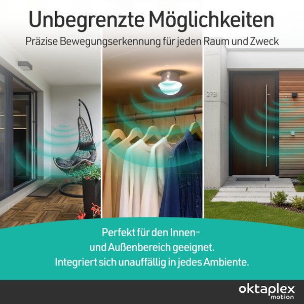 Anwendungsbeispiele für einen Bewegungsmelder im Innen- und Außenbereich.