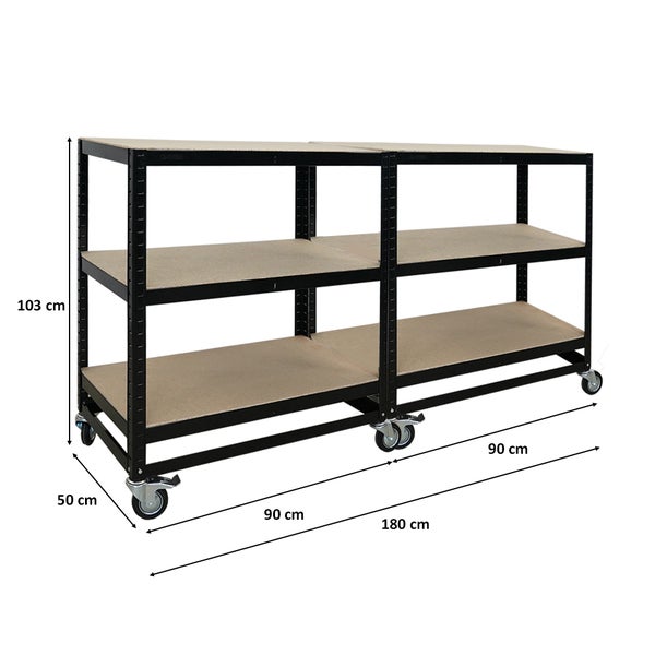 PROREGAL Mega Deal 2x Kommissionierwagen BÜFFEL Fahrbares Kommissionierregal 100x90x50cm 3 Ebenen Fachlast 50kg 2X Lenkrollen & 2X Lenkrollen mit Feststellbremse Schwarz