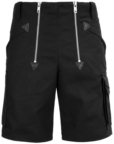 Schwarze Zunftshorts mit Doppel-Reißverschluss und seitlichen Taschen aus robustem Canvas-Gewebe.