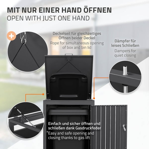 Mülltonnenbox mit Deckelseil, Dämpfern und Gasdruckfedern für einhändiges Öffnen und leises Schließen der Mülltonne.