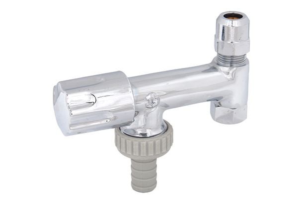 Eckregulierventil aus Metall mit Schlauchverschraubung und Drehgriff für den Anschluss von Waschmaschinen oder Geschirrspülern.