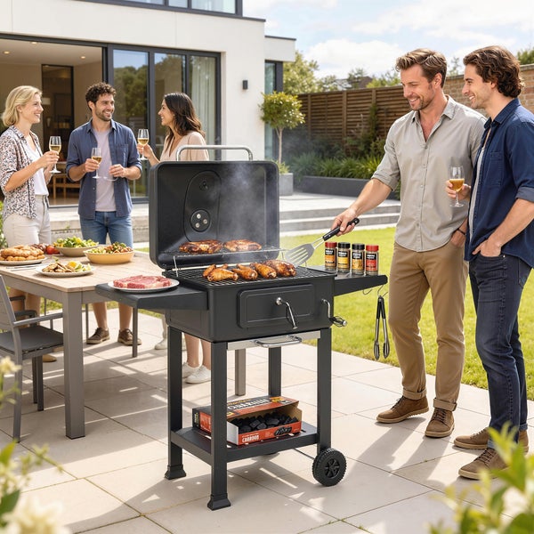Holzkohlegrill-Wagen auf einer modernen Gartenterrasse. Menschen grillen Fleisch auf dem Rost in einer hellen, organisierten Umgebung.