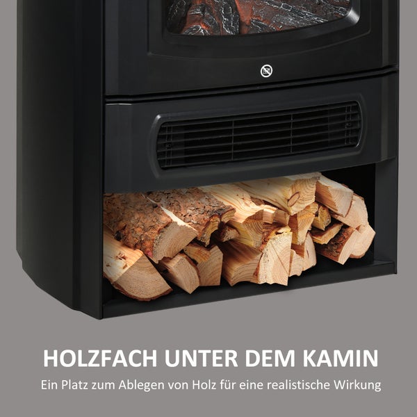 HOMCOM Elektrokamin mit Flammeneffekt, 1000 W/2000 W, 20–25 qm, 44,5x32,1x74 cm, Metall, gehärtetes Glas, Schwarz