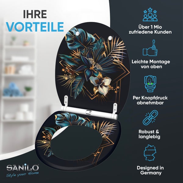 WC Sitz mit tropischem Blumenmuster und geometrischen goldenen Linien sowie Infografik zu den Produktvorteilen der Marke Sanilo.