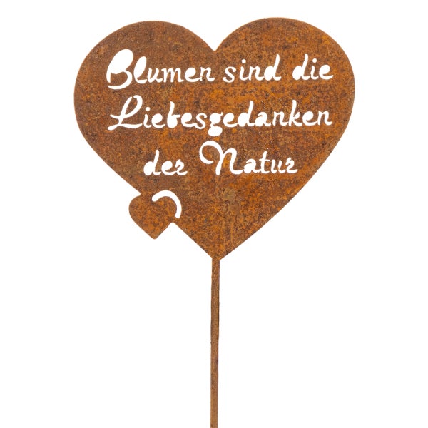 Gartenstecker Herz aus Metall in Rost-Optik mit Spruch Blumen sind die Liebesgedanken der Natur.