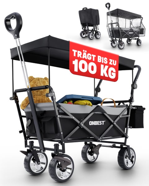 Faltbarer Bollerwagen mit Dach, Schiebegriff und Geländereifen, inklusive Regenschutz, Tragkraft bis zu 100 Kilogramm, ONBEST Logo.