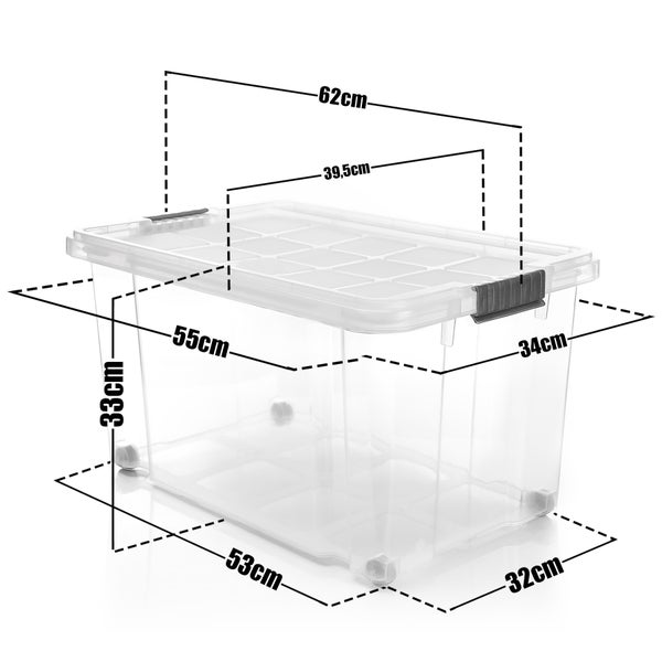 BigDean 3 Stück 60 L Aufbewahrungsbox mit Deckel groß transparent - stapelbare robuste Box BPA-frei - rollbare Stapelbox mit festen Klickverschlüssen - Made in Germany