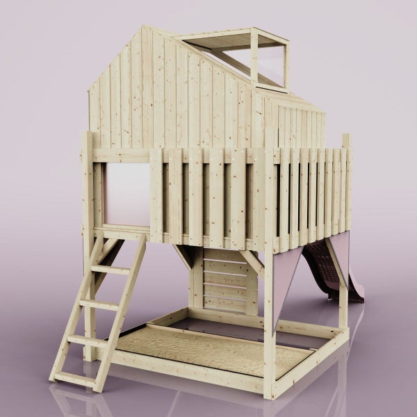 Spielhaus aus Holz mit Rutsche und Sandkasten