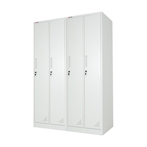 Metallspind von Proregal mit vier Türen, abschließbar mit Schlüsseln, hellgrauer Stahlschrank für Umkleiden oder Büros.
