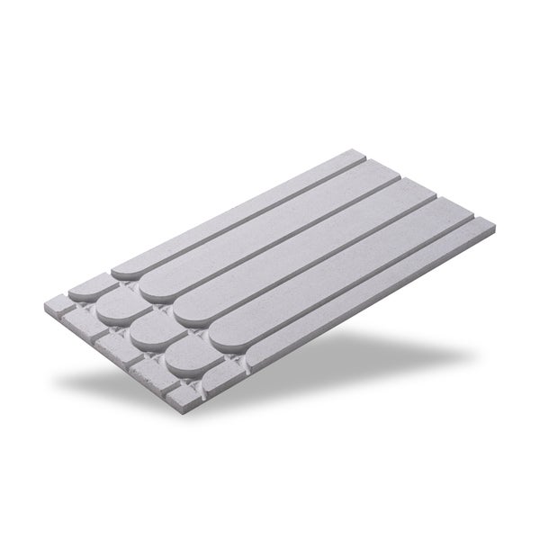 Systemplatte für Fußbodenheizung aus grauem Dämmstoff mit vorgefertigten Rohrführungen und Wendeschleifen.