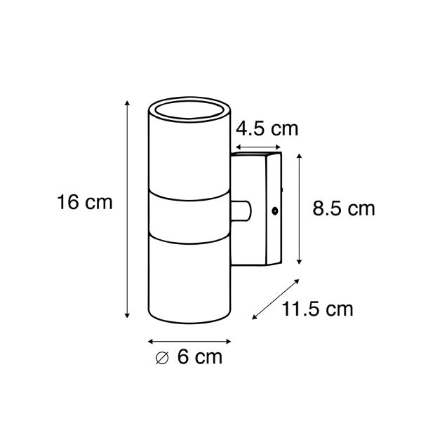 Maßzeichnung einer zylindrischen Wandleuchte mit Abmessungen: Höhe 16 Zentimeter, Durchmesser 6 Zentimeter und Ausladung 11,5 Zentimeter.
