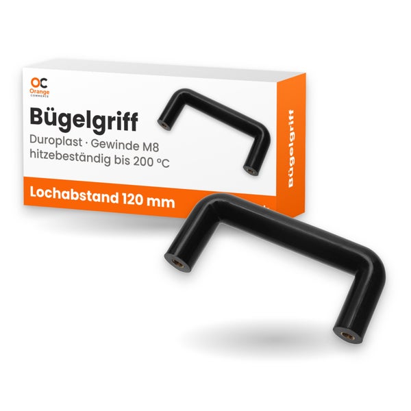 Duroplast Bügelgriff mit M8 Gewinde und 120 Millimeter Lochabstand, hitzebeständig bis 200 Grad Celsius vor Produktverpackung