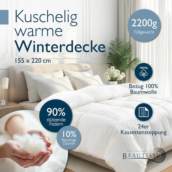 Winterbettdecke 155 x 220 cm, Bezug 100 Prozent Baumwolle, Füllung 90 Prozent Federn und 10 Prozent Daunen, Kassettensteppung, Beautissu Logo.