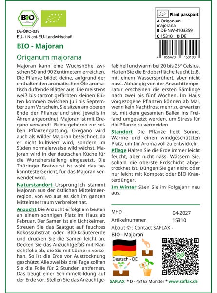 SAFLAX Geschenk Set - BIO - Majoran - Origanum majorana - 700 Samen - Mit Geschenkbox, Versandaufkleber, Geschenkkarte und Anzuchtsubstrat