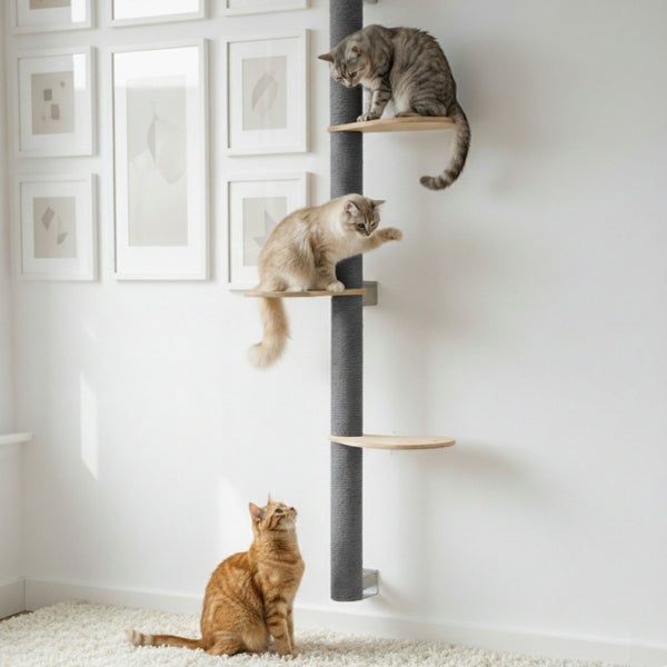 Wandkratzbaum mit Sisalsäule und drei Holzebenen, an einer hellen Wand montiert, mit drei Katzen im Wohnraum.