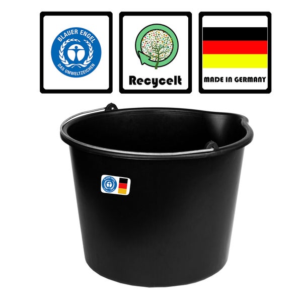 Schwarzer Eimer mit den Siegeln Blauer Engel, Recycelt und Made in Germany